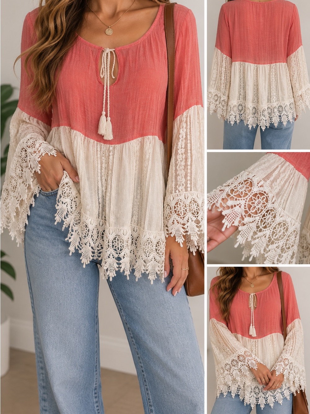 Made in Italy Coral Ivory Lace Bell Sleeve Boho Tunic Top M